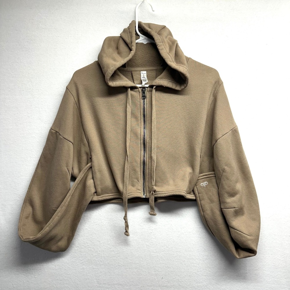 Alo Yoga Cropped Zip Hoodie Womens S Tan Brown Fleece Drop Shoulder Relaxed